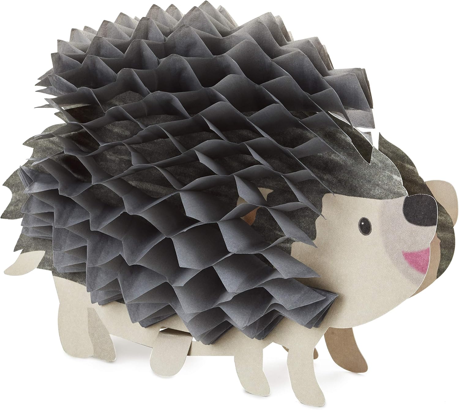 Hallmark Pop Up Birthday Card (3D Honeycomb Hedgehog) featuring a cute hedgehog design with black honeycomb paper detail, angled view.
