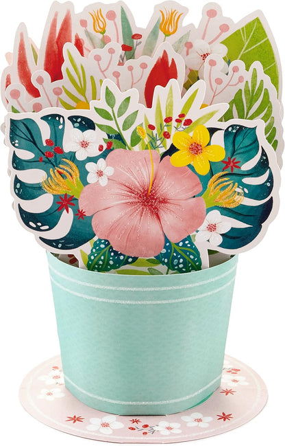 Hallmark Paper Wonder Birthday or Congratulations Pop Up Card (Displayable Bouquet) featuring a pot with vibrant paper flowers and a hibiscus.
