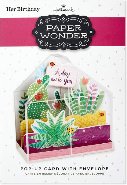 Hallmark Paper Wonder Displayable Pop Up Birthday Card or Mother's Day Card (Succulents),5 X 7.2 inches, showcasing a vibrant terrarium design with a tag.