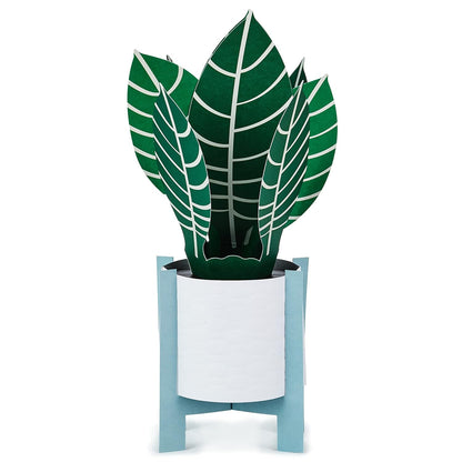 Hallmark Paper Wonder Pop Up Card for Birthday, Thinking of You, Congrats, Get Well, or Any Occasion (Potted Zebra Plant) with 3D green leaves against a light blue pot.