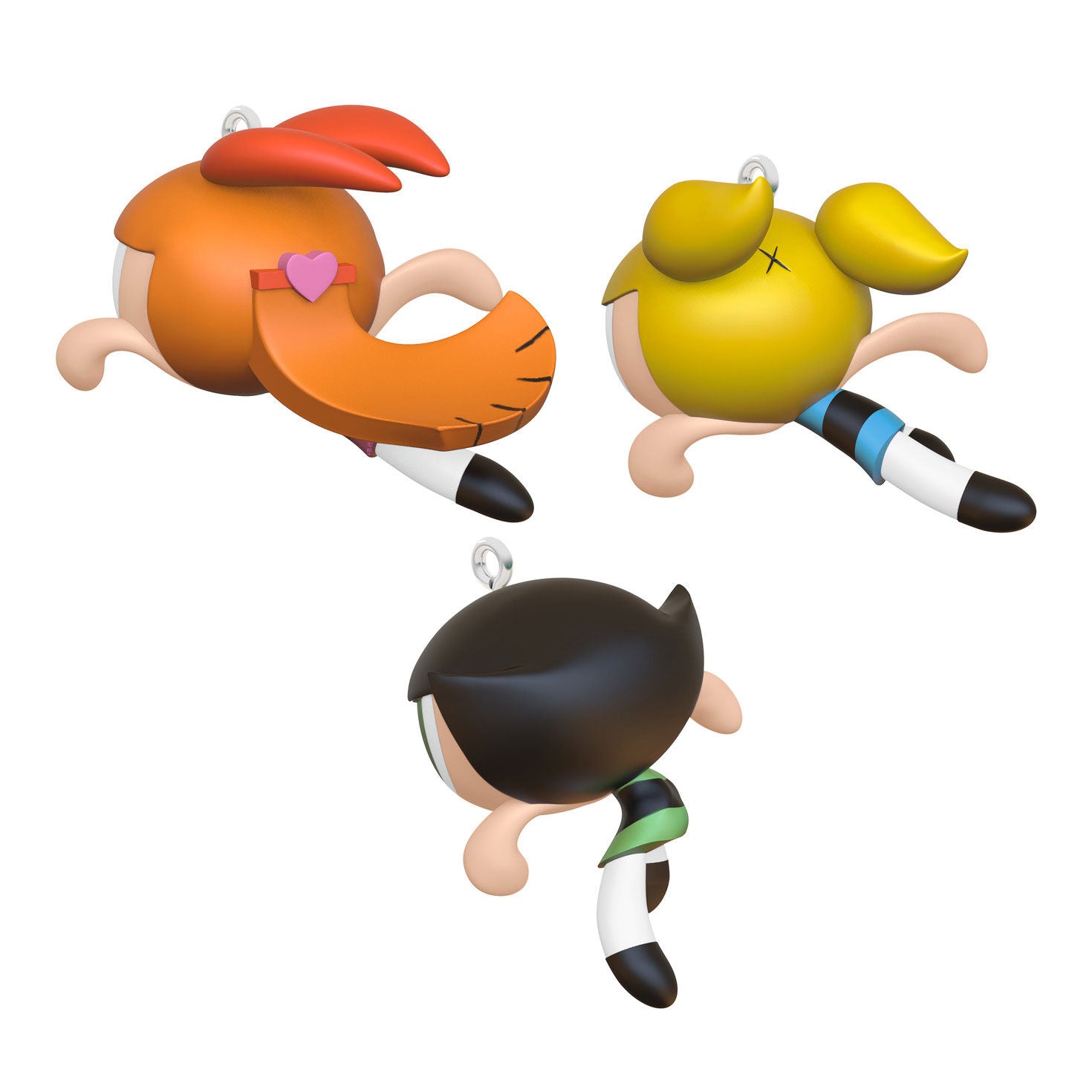 The Powerpuff Girls Blossom™, Bubbles™ and Buttercup™ ornaments, set of 3, plastic, colourful character designs, angled view
