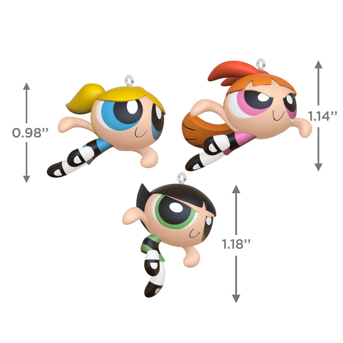 The Powerpuff Girls Blossom™, Bubbles™ and Buttercup™ ornaments, set of 3, colourfully designed, showcasing size details with dimensions.