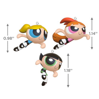The Powerpuff Girls Blossom™, Bubbles™ and Buttercup™ ornaments, set of 3, colourfully designed, showcasing size details with dimensions.