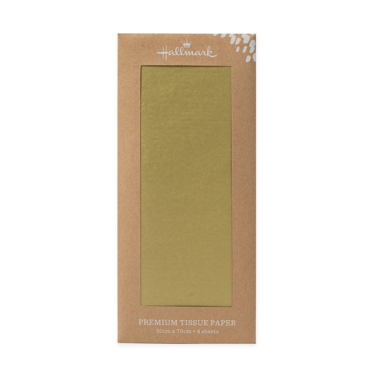 Hallmark Premium Gold Tissue Paper - 4 Sheets in a flat lay view, showcasing solid gold finish and 50cm x 70cm dimensions.