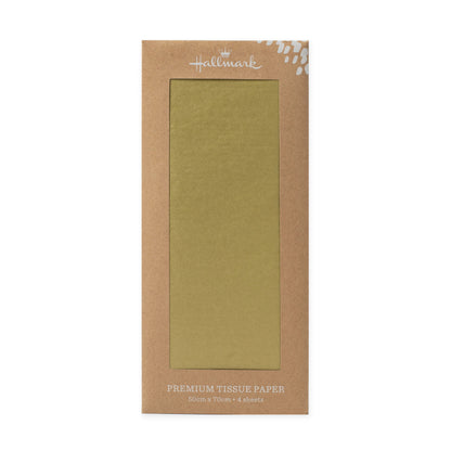 Hallmark Premium Gold Tissue Paper - 4 Sheets in a flat lay view, showcasing solid gold finish and 50cm x 70cm dimensions.