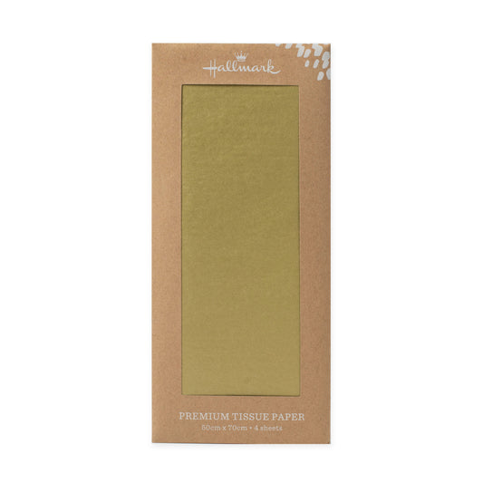 Hallmark Premium Gold Tissue Paper - 4 Sheets in a flat lay view, showcasing solid gold finish and 50cm x 70cm dimensions.