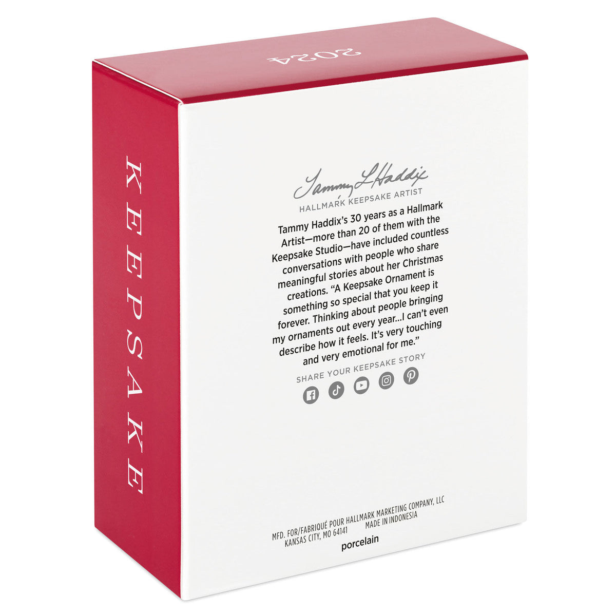 Hallmark Keepsake Christmas ornament box featuring Tammy Haddix's artist bio and decoration details, porcelain material, red accents.