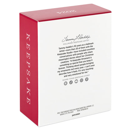 Hallmark Keepsake Christmas ornament box featuring Tammy Haddix's artist bio and decoration details, porcelain material, red accents.