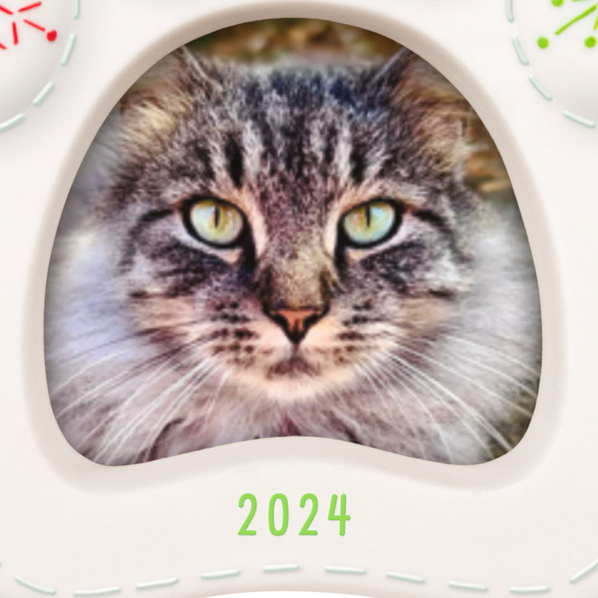 Pretty Kitty Photo Frame (Porcelain) — Hallmark Keepsake Christmas Ornament featuring a close-up of a cat's face with striking green eyes and a 2024 date.