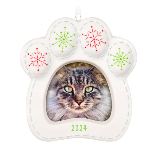 Pretty Kitty Photo Frame (Porcelain) — Hallmark Keepsake Christmas Ornament featuring a paw-print design with snowflake accents.