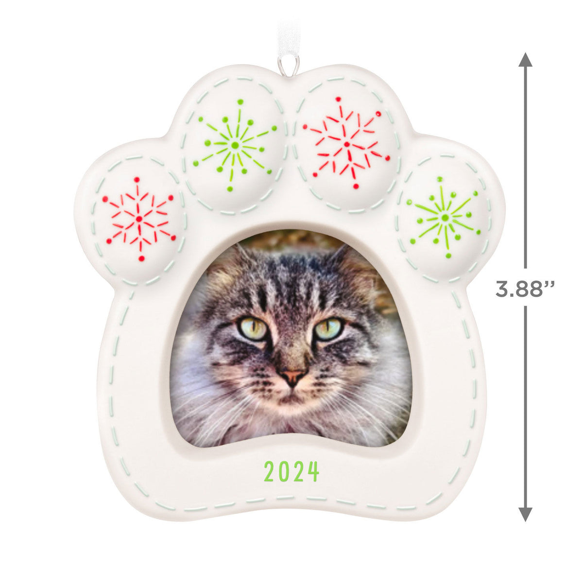 Pretty Kitty Photo Frame (Porcelain) — Hallmark Keepsake Christmas Ornament in a paw shape, featuring red and green snowflakes.