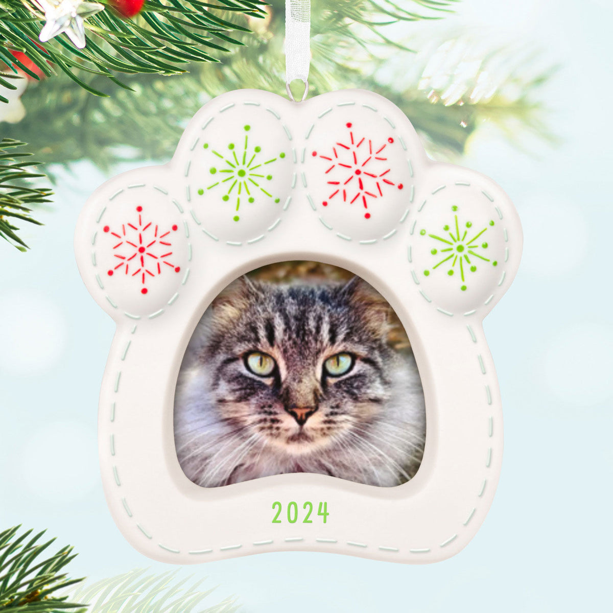 Pretty Kitty Photo Frame (Porcelain) — Hallmark Keepsake Christmas Ornament with paw-print design, displaying a photo, 2024 message.