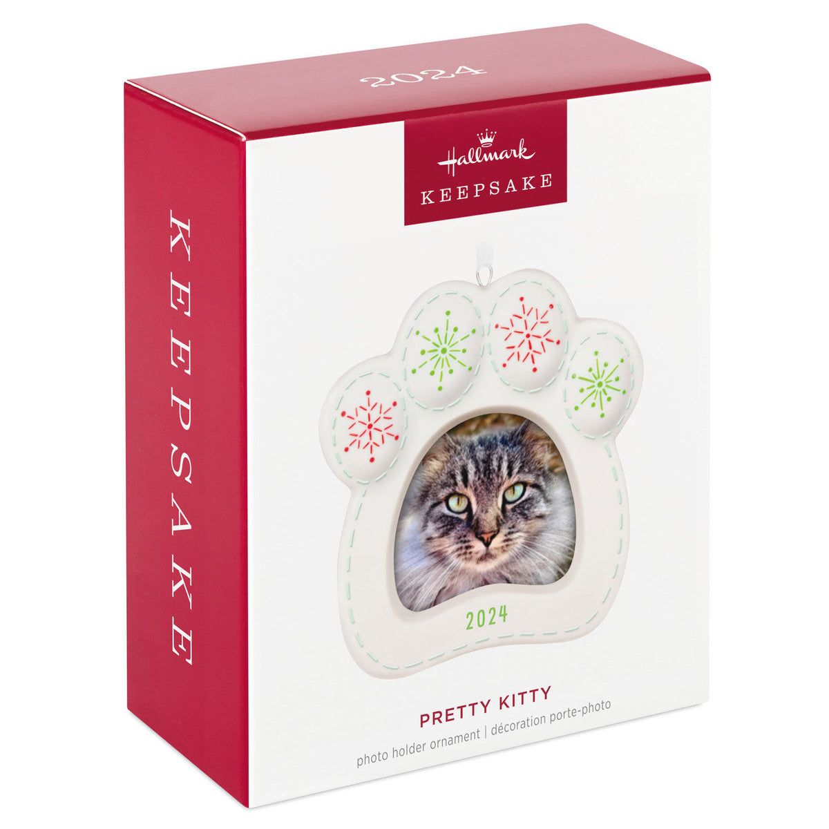 Pretty Kitty Photo Frame (Porcelain) — Hallmark Keepsake Christmas Ornament in gift packaging with paw-print design and 2024 message.
