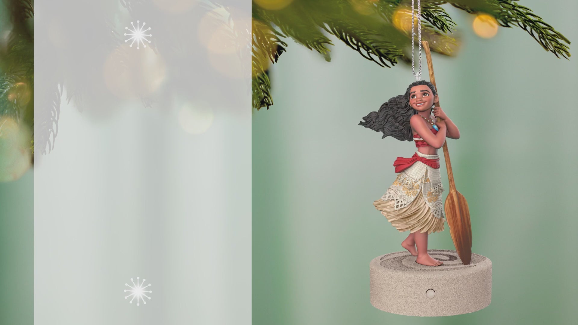 Disney Moana Ready for Adventure Musical — 2026 Hallmark Keepsake Christmas Ornament hanging from a tree branch, detailed design with oar.