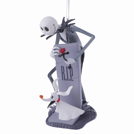 Disney Tim Burton's The Nightmare Before Christmas Jack and Sally with tombstones, set of 2 - Hallmark Christmas ornament shows Jack Skellington and Zero.