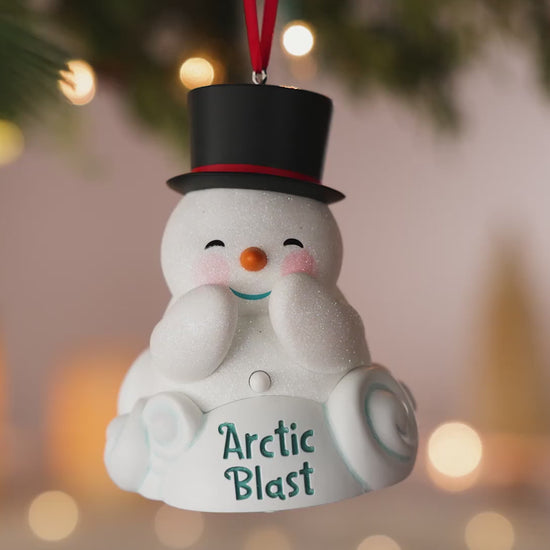 Arctic Blast With Light and Sound — 2026 Hallmark Keepsake Christmas Ornament featuring a fun snowman design with a black top hat.