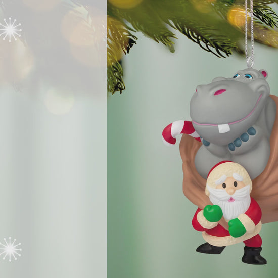 I Want a Hippopotamus for Christmas Musical — 2026 Hallmark Keepsake Christmas Ornament, whimsical design featuring Santa and a hippo, hanging from a Christmas tree.
