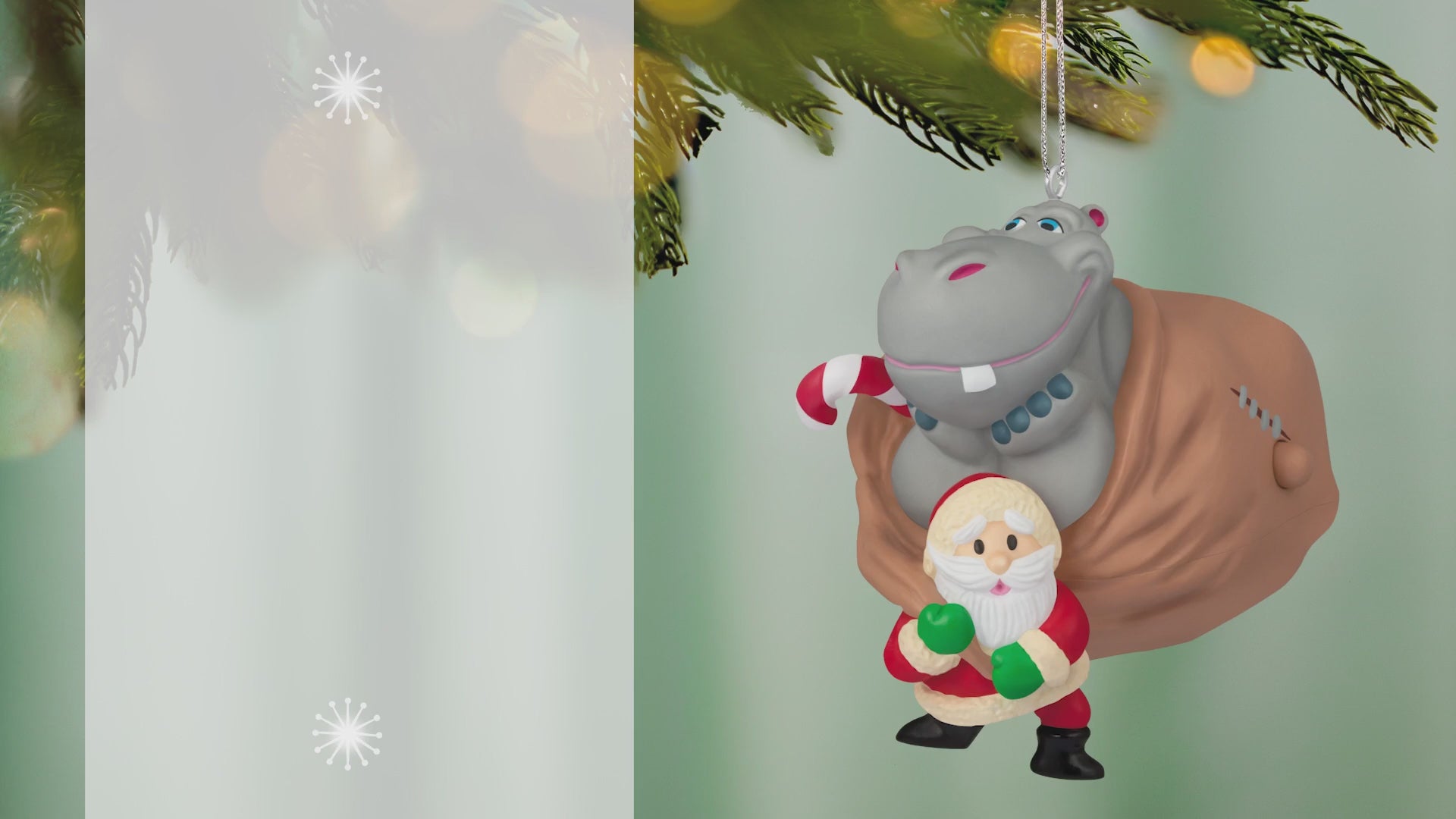 I Want a Hippopotamus for Christmas Musical — 2026 Hallmark Keepsake Christmas Ornament, whimsical design featuring Santa and a hippo, hanging from a Christmas tree.