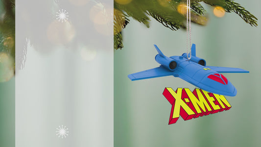 Marvel Studios X-Men ’97 The Blackbird With Sound — 2026 Hallmark Keepsake Christmas Ornament, blue jet with X-Men logo, hanging from a Christmas tree.