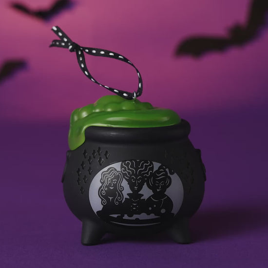 Disney Hocus Pocus Sanderson Sisters cauldron with light — 2026 Hallmark Keepsake Halloween ornament featuring a green filling and black design.