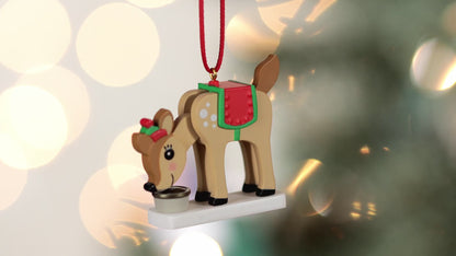 Season's Snackings (Miniature) — Hallmark Keepsake Christmas Ornament, plastic reindeer ornament with festive saddle and hat, close up