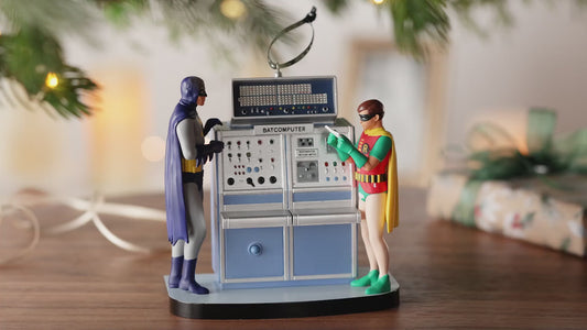 Batman™ The Classic TV Series Batcomputer With Light and Sound — 2026 Hallmark Keepsake Christmas Ornament featuring Batman and Robin examining the console.
