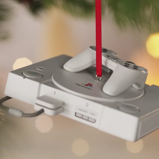 PlayStation™ Console With Light and Sound — 2026 Hallmark Keepsake Christmas Ornament hanging on tree, detailed view of controller and cord.