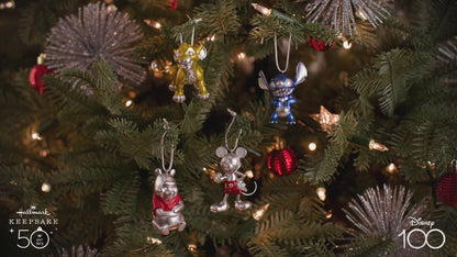 Disney 100 Years of Wonder Pixar and Princesses, Set of 4 — Hallmark Keepsake Christmas Ornament, detailed view of hanging ornaments on a Christmas tree.