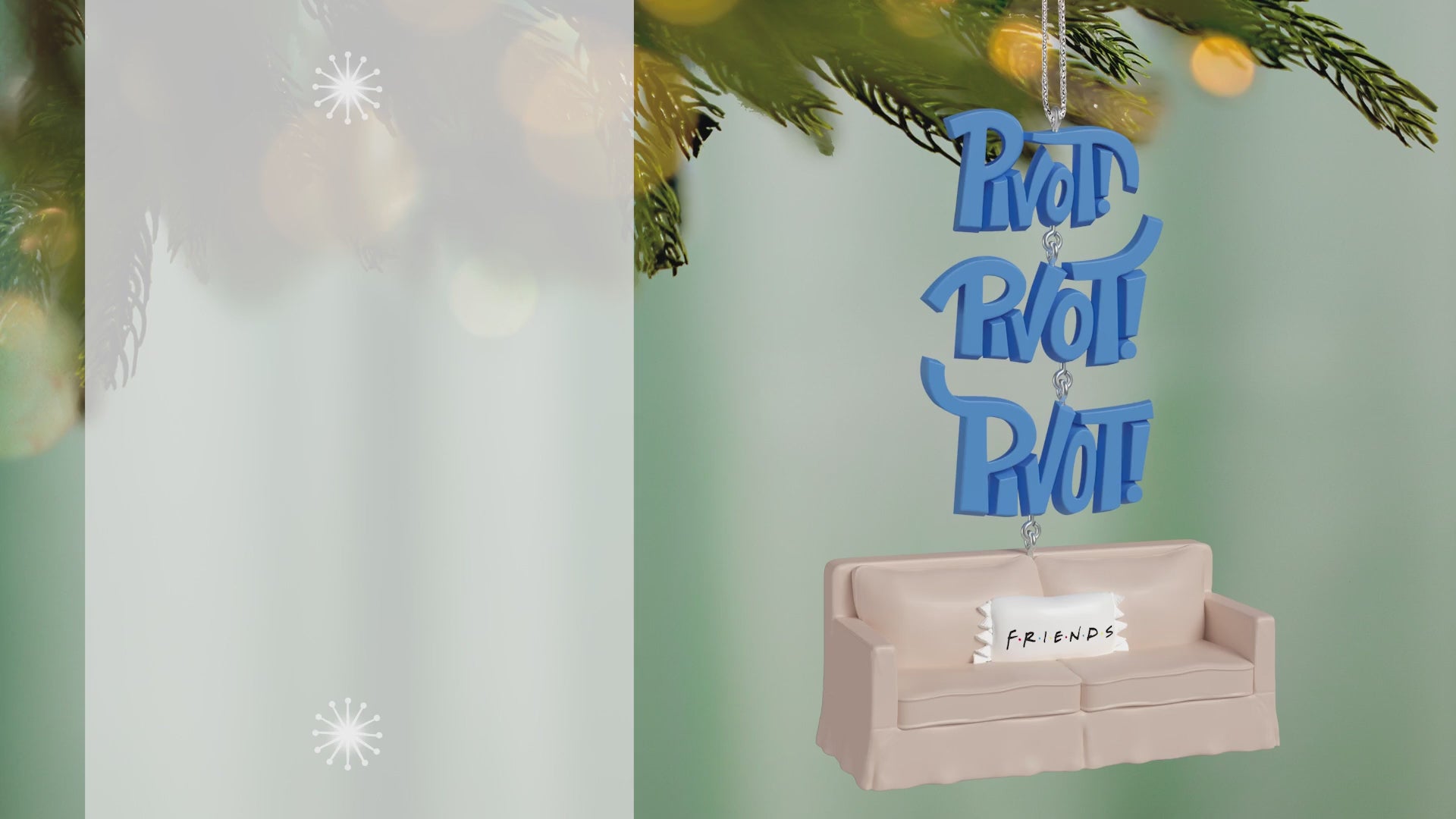 Friends Pivot! With Sound — 2026 Hallmark Keepsake Christmas Ornament featuring a couch and blue 'Pivot!' word art, close up view.