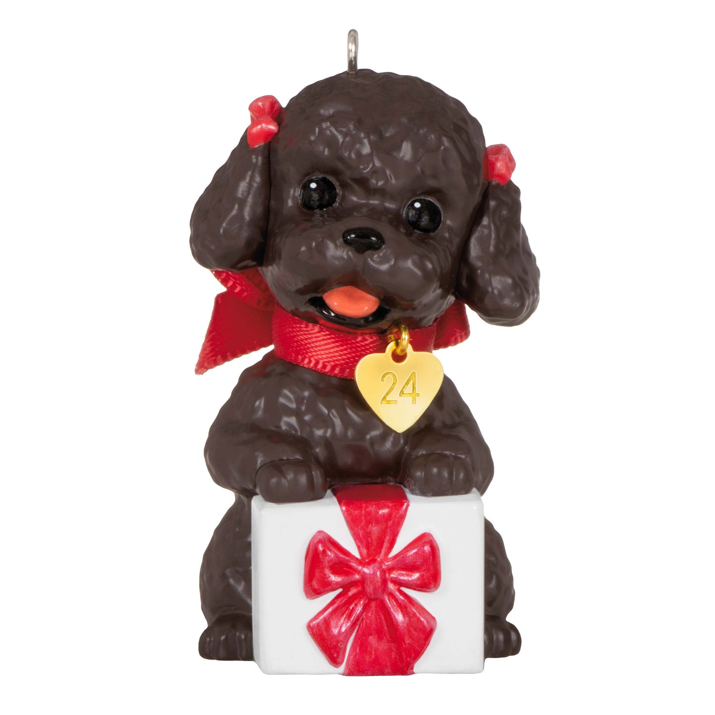 Puppy Love Poodle — Hallmark Keepsake Christmas Ornament, black poodle with red bows, sitting on a gift, detailed facial features.
