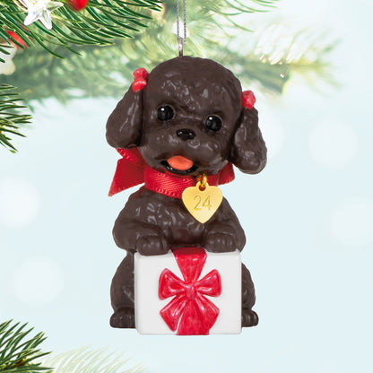 Puppy Love Poodle — Hallmark Keepsake Christmas Ornament featuring a black poodle with red bows, sitting on a gift box.