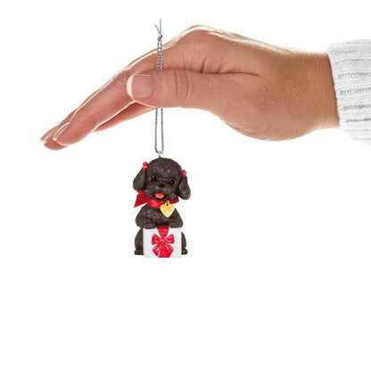 Puppy Love Poodle — Hallmark Keepsake Christmas Ornament, black poodle with red bows, held by a hand, in a gift present design.