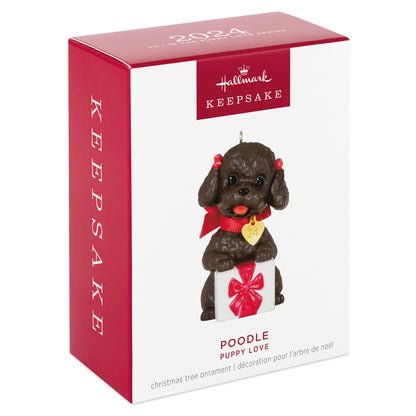 Puppy Love Poodle — Hallmark Keepsake Christmas Ornament in packaging featuring a brown poodle with festive red bows.