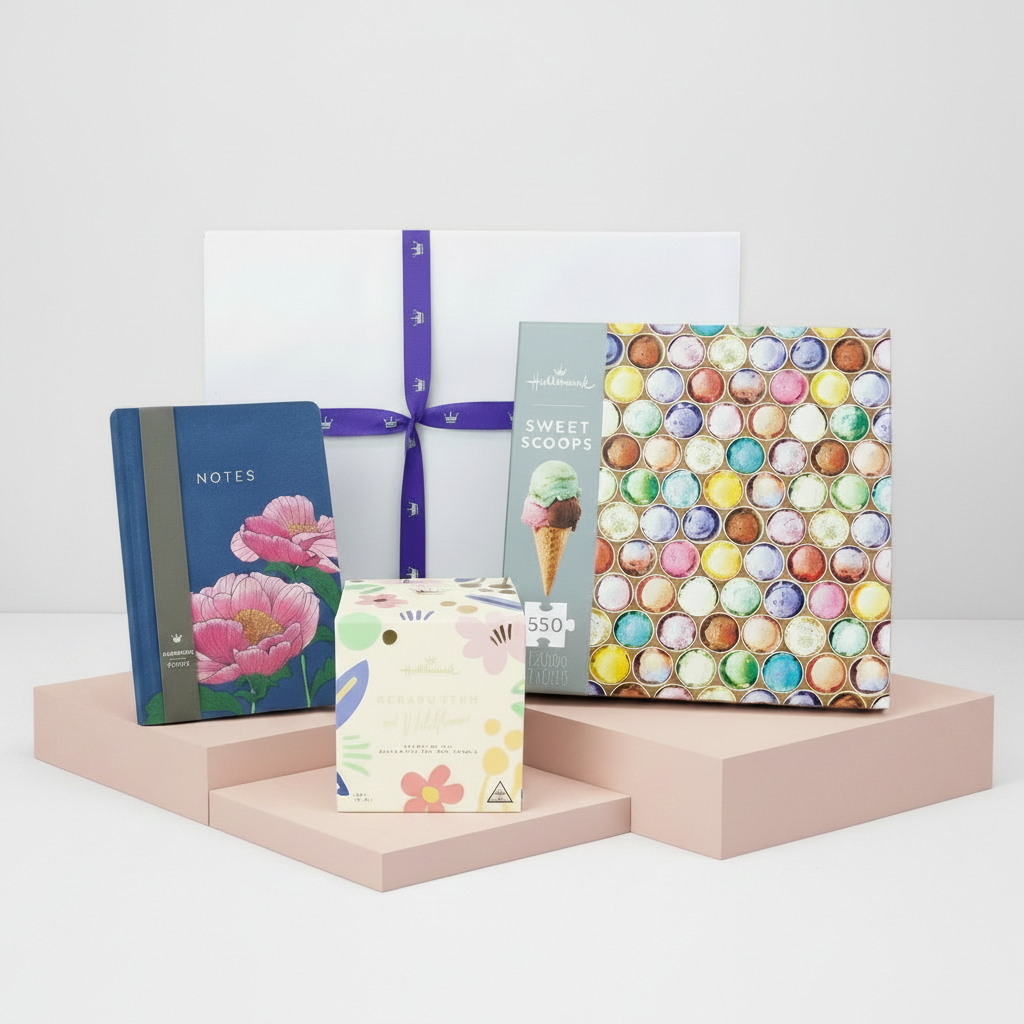 A curated gift set featuring a navy blue floral notebook, a white gift box tied with a purple ribbon, a colorful ice cream scoop patterned box, and a small floral box, arranged on pink display blocks against a light gray background.
