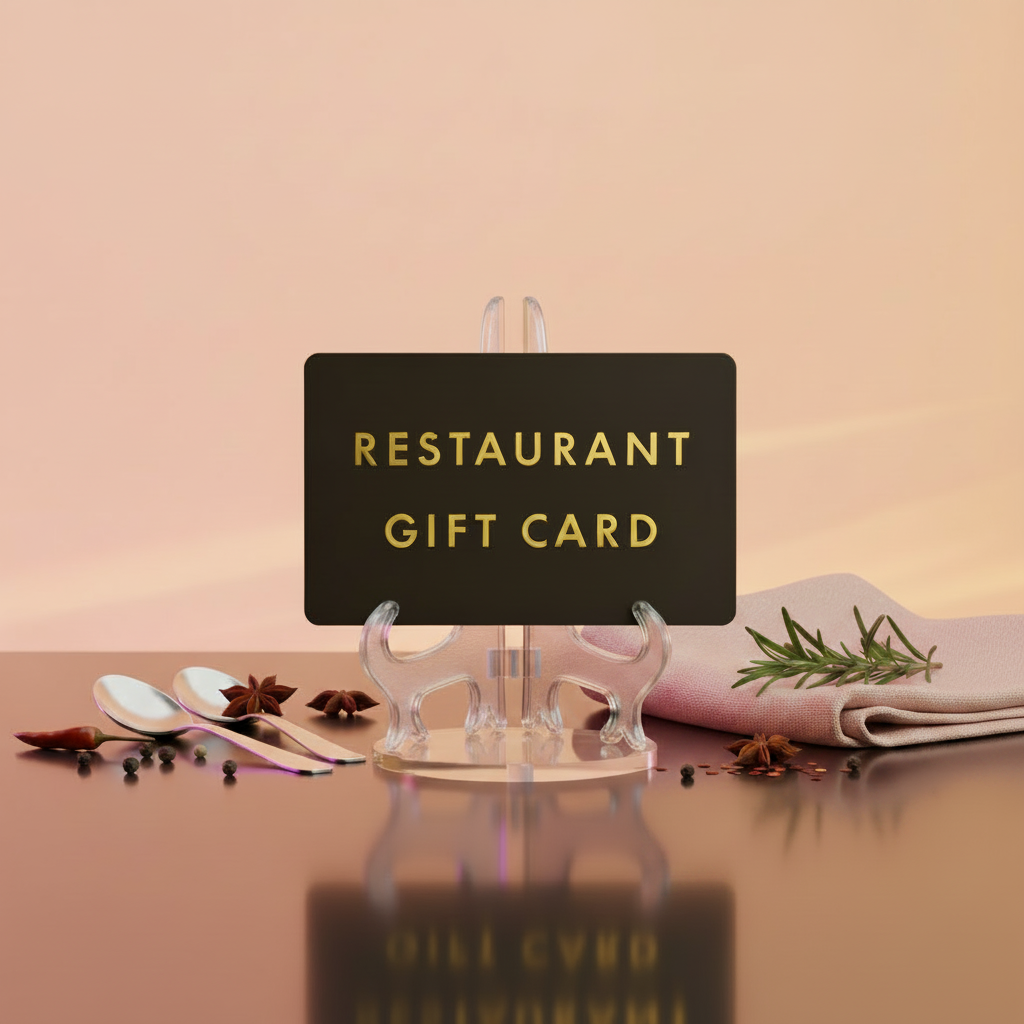 The Restaurant Gift Card displayed on a stand with spoons and herbs in the background.