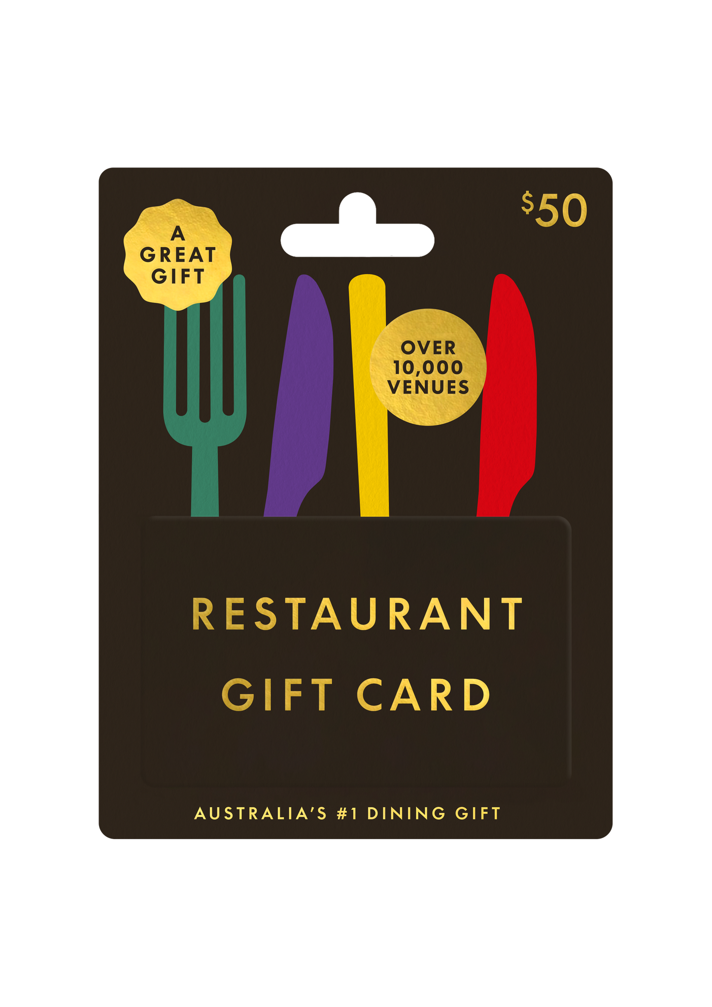 The Restaurant Gift Card featuring dining utensils design and details about over 10,000 venues available.