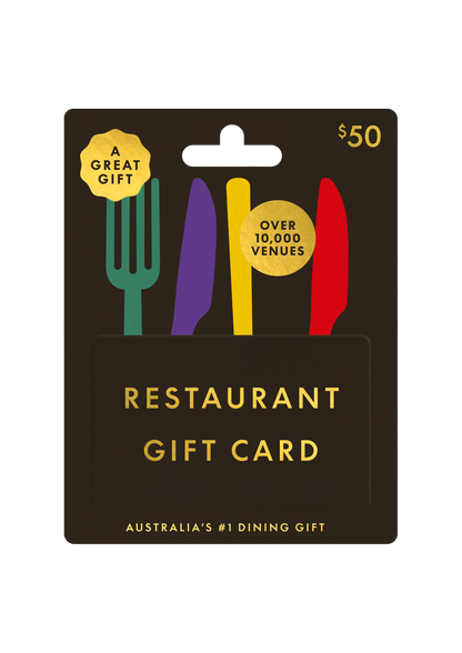 The Restaurant Gift Card featuring dining utensils design and details about over 10,000 venues available.