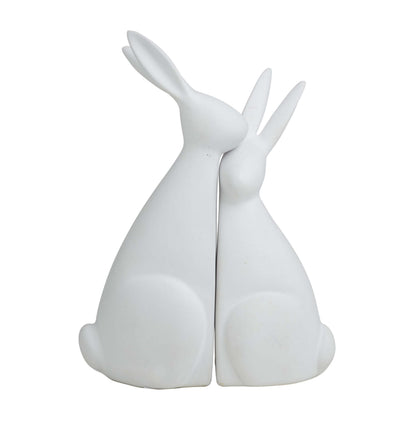 Rodger & Jessica Sculptures S/2 14cm white ceramic bunny figurines close up, showcasing minimalist design and smooth finish.