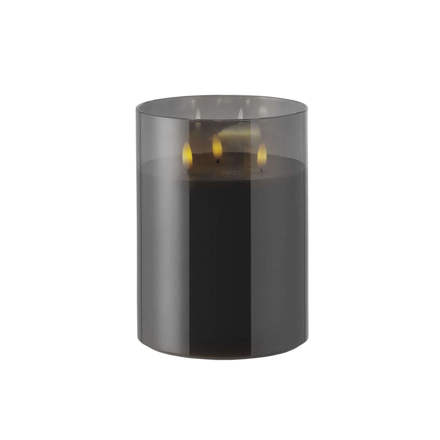 Rogue Glass Triflame Candle Black 15x15x20cm with glass exterior and three LED wicks, offering a modern decorative touch.