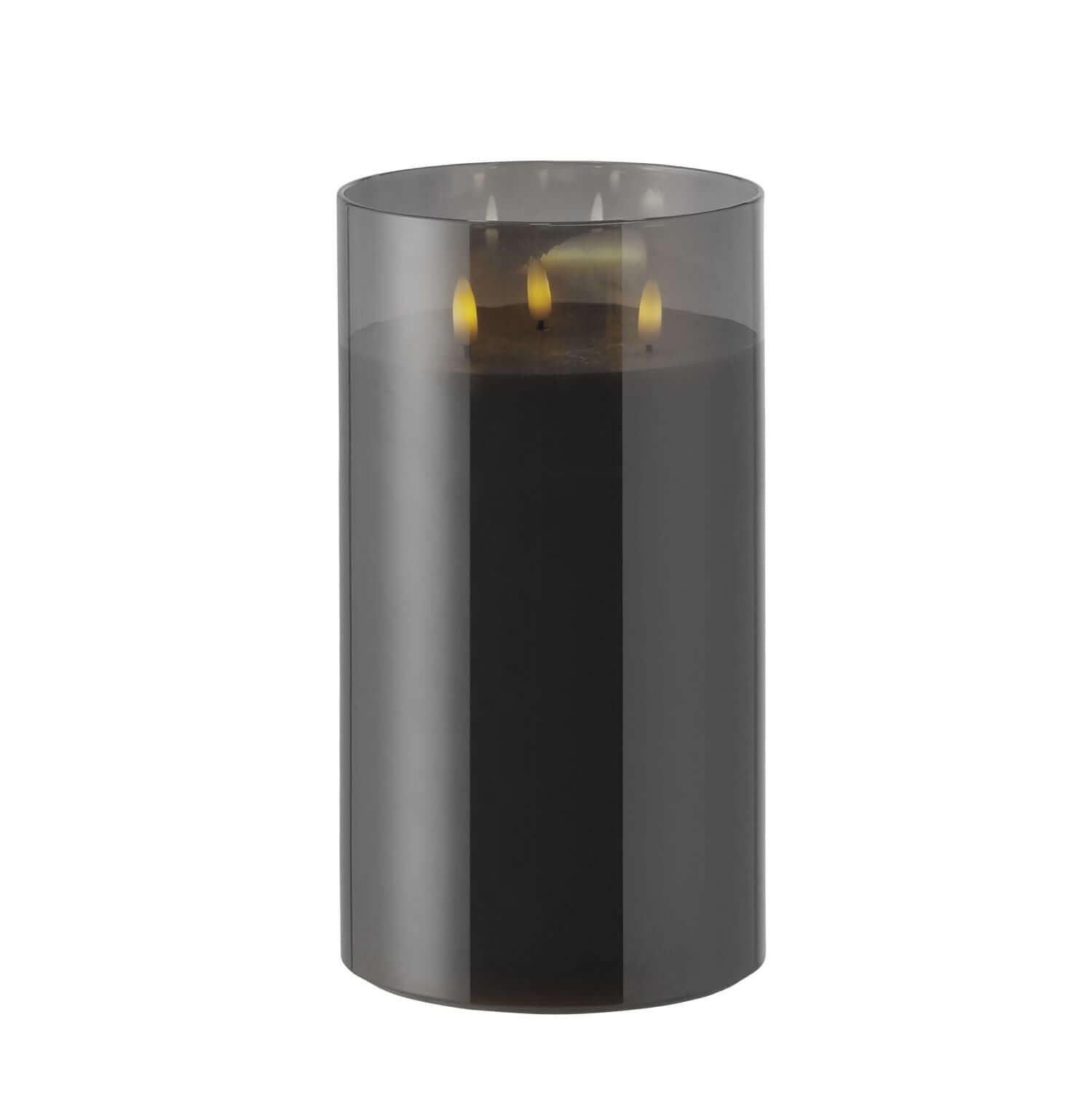 Rogue Glass Triflame Candle Black 15x15x25cm with LED lights, elegant glass exterior, showcasing a cylindrical design.