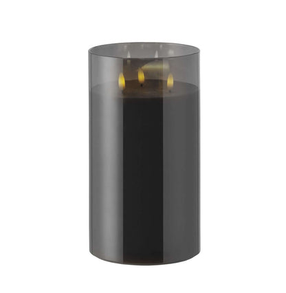 Rogue Glass Triflame Candle Black 15x15x25cm with LED lights, elegant glass exterior, showcasing a cylindrical design.