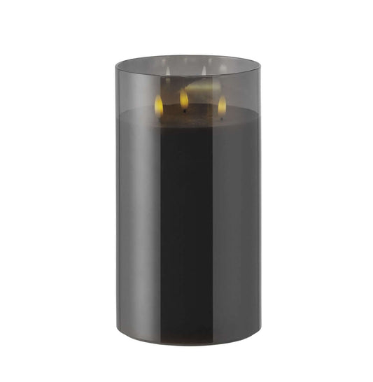 Rogue Glass Triflame Candle Black 15x15x25cm with LED lights, elegant glass exterior, showcasing a cylindrical design.