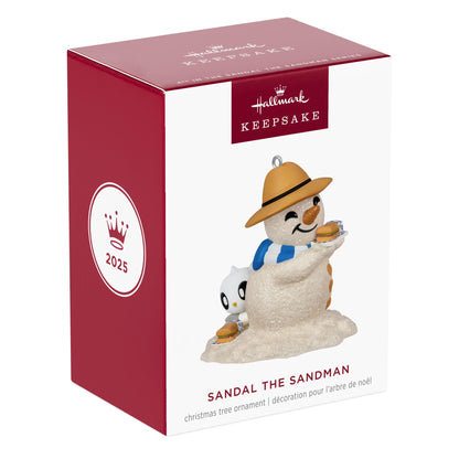 Sandal the Sandman 4th in the Series — 2025 Hallmark Keepsake Christmas Ornament in gift packaging, featuring a snowman and sea turtle.