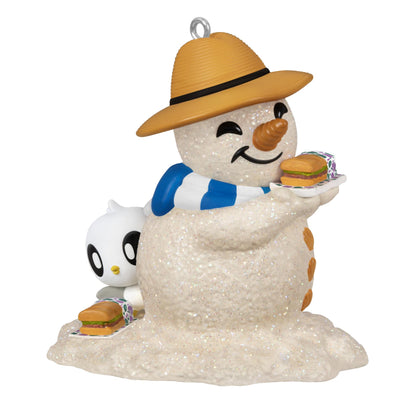 Sandal the Sandman 4th in the Series — 2025 Hallmark Keepsake Christmas Ornament features a glittery snowman with a hat and scarf, holding sandwiches.