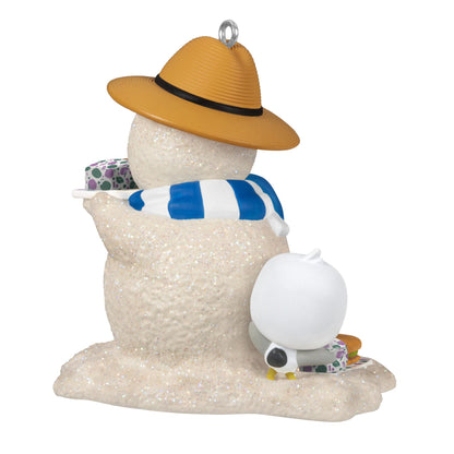 Sandal the Sandman 4th in the Series — 2025 Hallmark Keepsake Christmas Ornament featuring a sparkly snowman with a straw hat and scarf, back view.