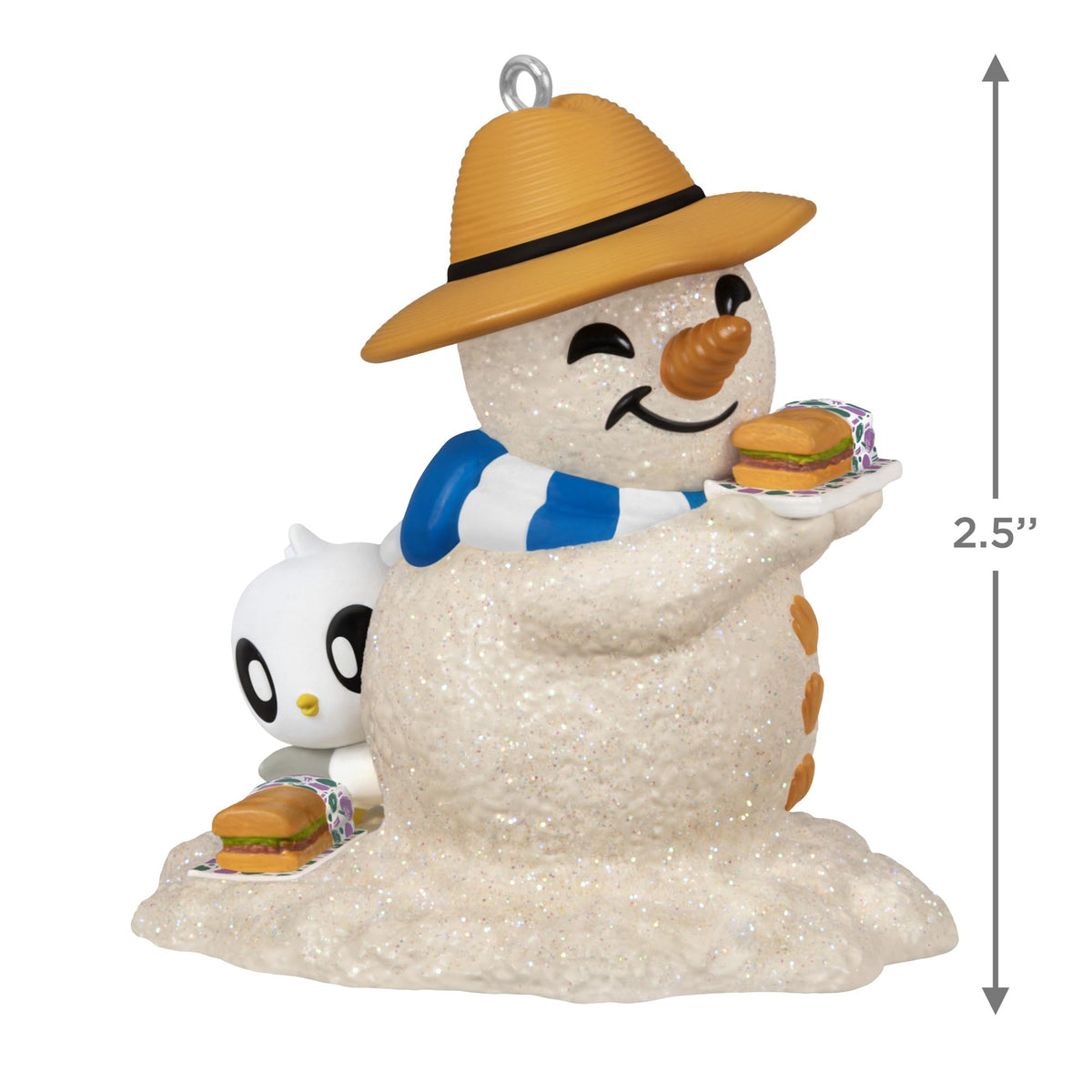 Sandal the Sandman 4th in the Series — 2025 Hallmark Keepsake Christmas Ornament featuring a glittery snowman holding sandwiches and a sea turtle.