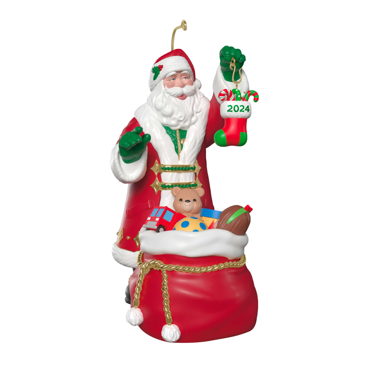 The Perfect Gift — Hallmark Keepsake Christmas Ornament, Santa holding a year-dated stocking, colourful figurine with toys.