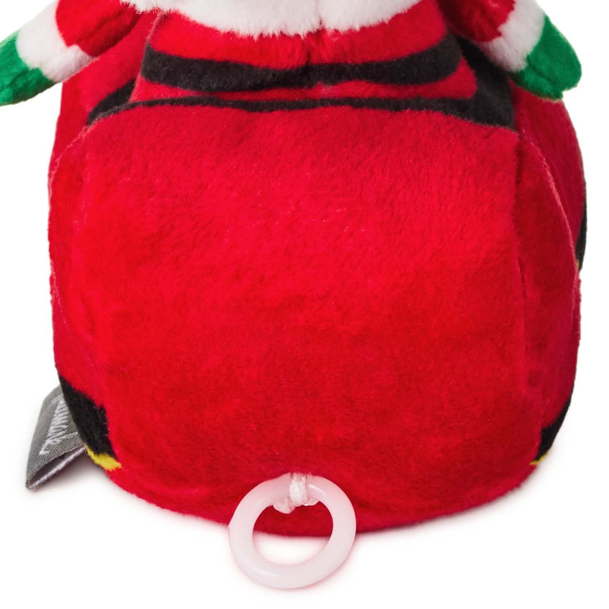 Santa in Sleigh Zip-Along Plush Toy featuring a close-up view of the plush red sleigh and pull-string attachment, soft texture ideal for kids.
