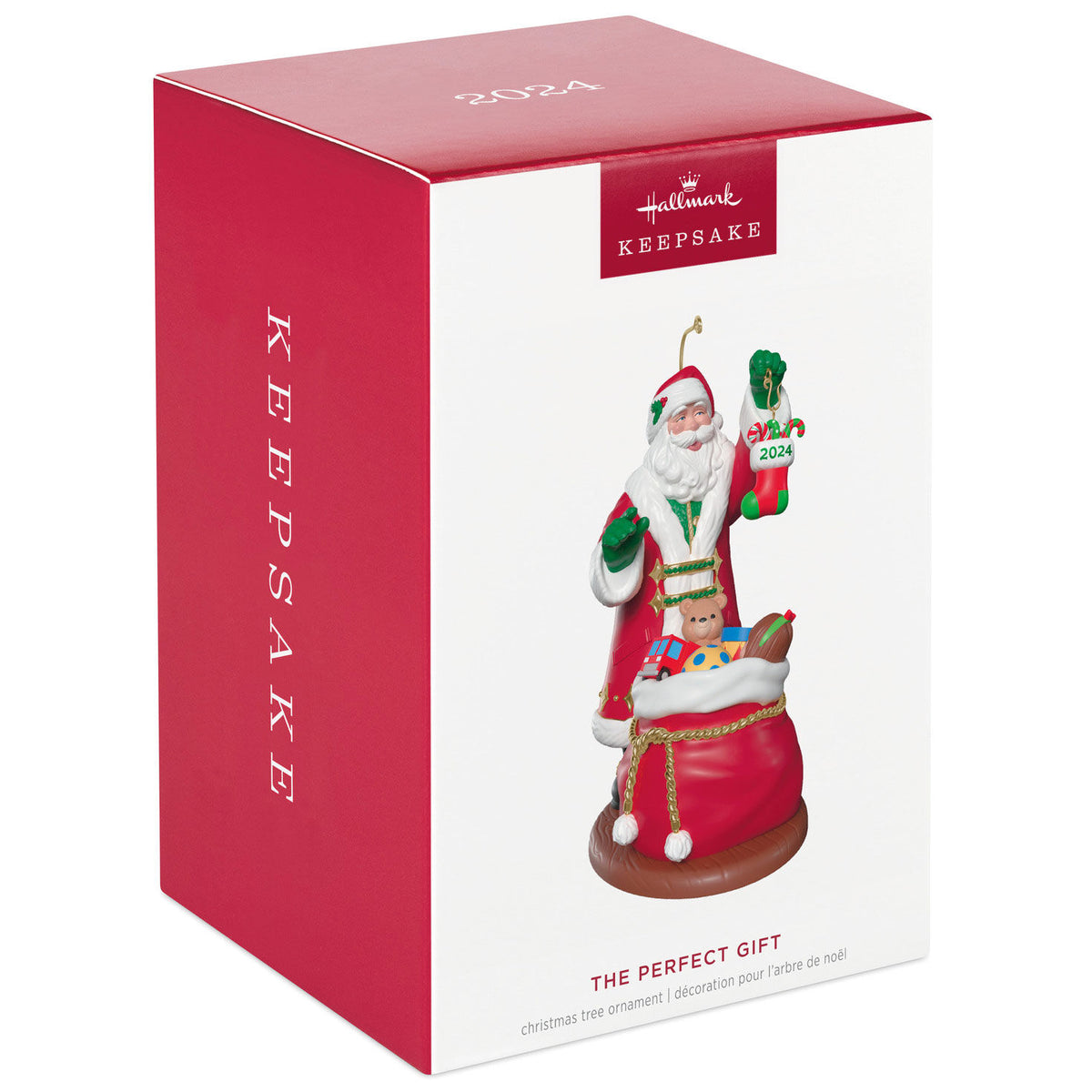 The Perfect Gift — Hallmark Keepsake Christmas Ornament in festive packaging, featuring Santa with a toy bag and 2024 date.