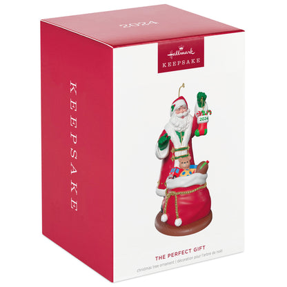 The Perfect Gift — Hallmark Keepsake Christmas Ornament in festive packaging, featuring Santa with a toy bag and 2024 date.